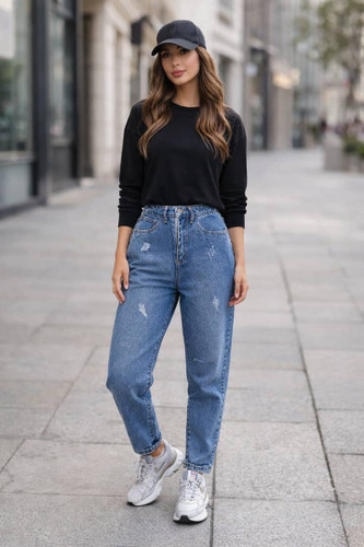 شلوار مام فیت زنانه قد ۸۵ رنگ آبی با پارچه جین شست شده، فیت آزاد و استایل روزمره