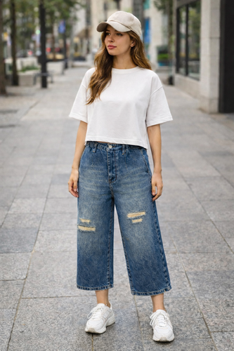 شلوار جین واید لگ زنانه قد ۹۰ با کمر ترنیک، فیت آزاد و استایل مدرن روزمره