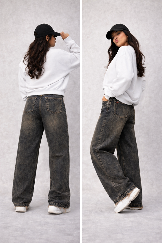 شلوار بگ زنانه ترک گازوییلی، نمای پشت و استایل خیابانی روی مدل زنانه، طراحی مدرن و راحت Splashjeans