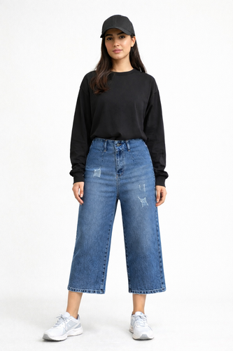 شلوار واید لگ جین زنانه آبی روشن قد ۸۰ با فیت راحت و طراحی مدرن برای استایل روزمره