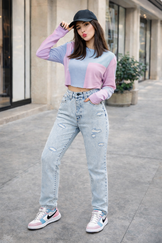 • شلوار نیم بگ زنانه یخی قد ۱۰۴ نمای جلو با فیت آزاد و استایل خیابانی مدرن