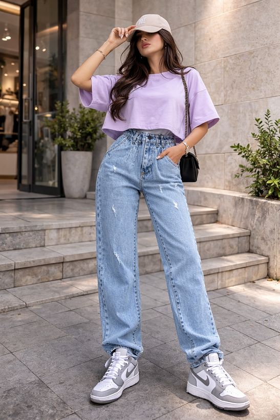 • شلوار نیم بگ زنانه آبی قد ۱۰۸ نمای جلو با فیت آزاد و استایل خیابانی مدرن