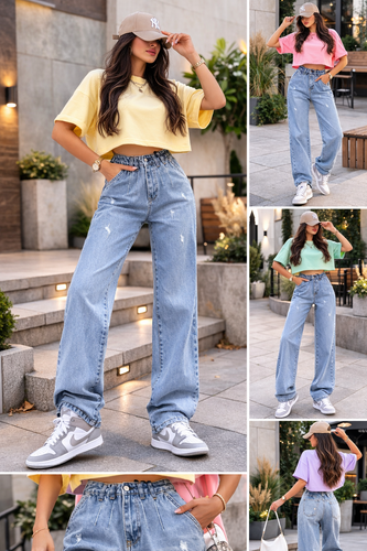 • شلوار نیم بگ زنانه آبی روشن قد ۱۰۸ نمای جلو با فیت آزاد و استایل خیابانی مدرن